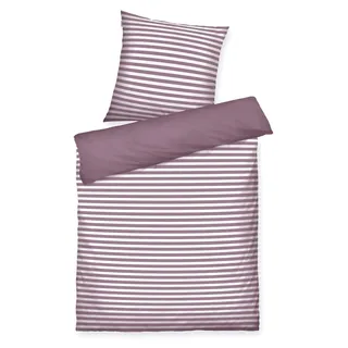 TOM TAILOR Renforcé-Bettwäsche, 80x80 cm + 135x200 cm, 100% Baumwolle, Wendemotiv und farbiger Markenreißverschluss, MEDIUM STRIPES Lila, Weiß - Lila, Weiß