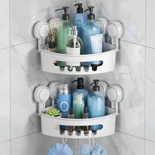TAILI Duschablage Ohne Bohren,Einstellbar Ecke Dusche Caddy Saugnapf 2er Set Dusche Zubehör mit Haken Rostfrei Schwarz Duschregal Organisator (Schwarz-3)