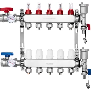 Vevor 5-Heizkreise Heizkreisverteiler Edelstahl 1/2-Zoll-Adapter 5 L/min Durchfluss für Fußbodenheizung