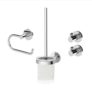 Lenz Bad-Accessoire-Set VIDA in Chrom – 4-teilig – Toilettenpapierhalter, WC-Bürstengarnitur und Zwei Handtuchhaken – Zum Kleben oder Bohren – Hochwertige Verarbeitung – 4490002