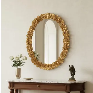 MO.WA Wandspiegel Spiegel Blattgold 74x94 Ovaler Dekospiegel Klassischer Holzspiegel oval Gold Romantischer Dekorative - hochwertig Barock Wohnzimmer Schlafzimmer