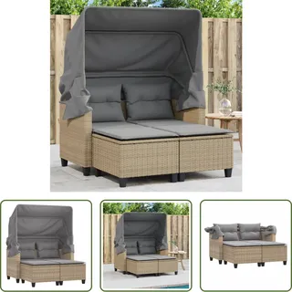 The Living Store Gartensofa 2-Sitzer mit Dach und Hockern Beige Poly Rattan - Beige