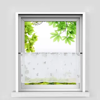HeichkelL Glänzende Scheibengardine Silber Voile Moderne Kurzstores mit Tunnelzug Kleinfenster gardine Küche Schmetterling-Dekomuster Weiß HxB 60x140 cm