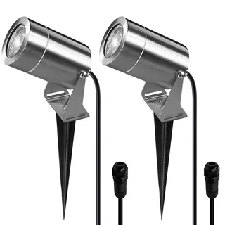 JNR Edelstahl LED Gartenbeleuchtung mit Strom und Erdspieß, Silber 2 Pack | IP65 Wasserdicht Gartenlampen für Draußen Strom mit 2M Kabel Kein Stecker, Gartenleuchten 5W GU10 3000K Warmweiß Glühbirne