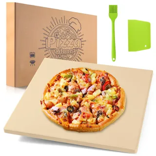 NumRise Pizzastein, 30.5×30.5 cm Square Pizzastein für Backofen & Gasgrill, Pizza Stein aus Cordierit - 1,5 cm Verdicktes Für knusprigen Boden, Inklusive Kunststoffschaber und Silikonbürste