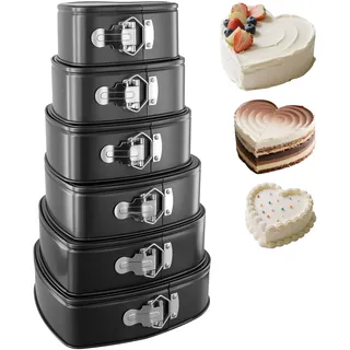SINJEUN 6er Set Springform Herz, 18cm, 20cm, 22cm, 24cm, 26cm, 28cm Backform Kuchenform mit Abnehmbarer Boden, Herzform Herzbackform Set Schwarz für Backen