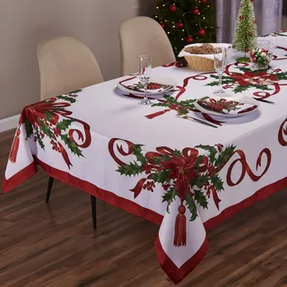 Kadut Tischdecke mit Weihnachtsband (152,4 x 326 cm) für rechteckige Tische, 2,4 m, strapazierfähiger Stoff, schmutzabweisend, Tischdecke für Ernte, Urlaub, Herbst und Weihnachtsessen