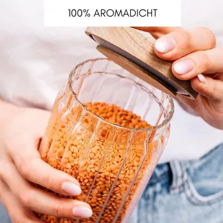 Vorratsbehälter mit Deckel, gerippt, 700 ml, 3-teilig, stapelbar und luftdicht, Küchenlagerung aus Glas mit Holzdeckel, Vorratsdosen Glas-Set für Lebensmittel, groß und klein