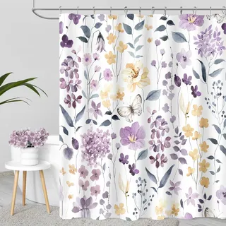 MAYZUS Extra Langer Duschvorhang, 183 x 213 cm, hoch, lila-gelb, Blumenmuster, Duschvorhang für Badezimmer, Aquarell-Blume, Schmetterling, Stoff-Duschvorhang-Set mit Haken, Lavendelviolett