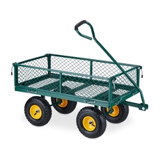 Relaxdays Handwagen, praktischer Bollerwagen für den Garten, Luftbereifung, klappbare Seitenteile, bis 200 kg, grün-gelb