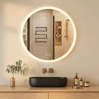 Habison LED Bad Wandspiegel Runder 60x60CM mit Beleuchtung Touch Schalter und Beschlagfrei,Schminkspiegel mit licht Intelligente Speicherfunktion,Wandspiegel mit 3 Farben Warmweiß Kaltweiß Lich