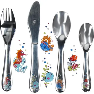 Justinus 4tlg Meerestiere Kinder-Besteck-Set Messer Gabel Löffel Geschenkidee - Silber