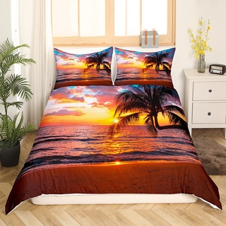 Loussiesd Frauen Ozean Beach Betten Set Für Kinder Erwachsene Mädchen Chic Meer Sonnenuntergang Landschaft Bettbezug Set Tropische Palme Bettwäsche Set 135x200cm Hawaiian Holiday Decor