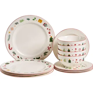 BELIANI Tafelservice 12-teilig Weiß aus Porzellan Handgefertigt Reaktive Glasur für 4 Personen Weihnachten Geschirrset Küche Esszimmer - Weiß, Rot