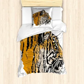 ABAKUHAUS Tiger Mantele, Sketch Bengal Carnivore, Milbensicher Allergiker geeignet mit Kissenbezügen, 135 cm x 200 cm - 80 x 80 cm, Pale Braun Schwarz