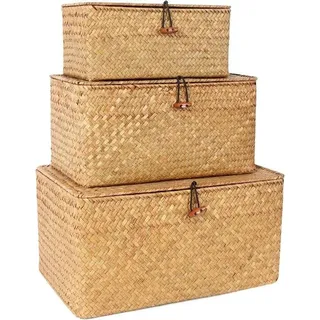 Holzschrank mit Deckel - Einbauschrank - Seegras und Rattan - 3er Set