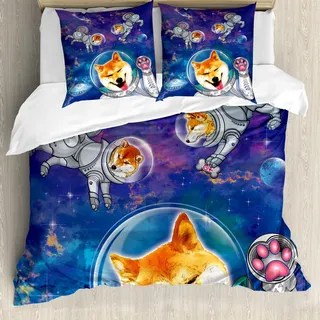 ABAKUHAUS Hund Bettbezug, Astronaut Shibas im Weltraum, Milbensicher Allergiker geeignet mit Kissenbezügen, 155 cm x 220 cm - 80 x 80 cm, Mehrfarbig