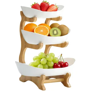 MFUSUL Obst Etagere mit 3 Etagen, Obstschale Modern Weiß mit Natürliche Bambus Steher, Platzsparend Obstkorb Etagere, Stabil und rutschfest für Gemüse, Obst, Snacks