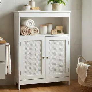 FineBuy Badschrank 80 x 60 x 28 cm Weiß - Schmaler Badezimmerschrank Türen & Ablage - Aufbewahrungsschrank Wiener Geflecht - Badezimmer Badregal - Weiß