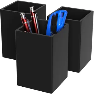 AITEE Schwarz Acryl Stifthalter: 3 Stück Bleistifthalter Schreibtisch Organizer Quadrat Stifttopf Make-Up Pinselhalter für Büro, Schule, Haushaltsbedarf (7,6 x 7,6 x 10,9 cm)