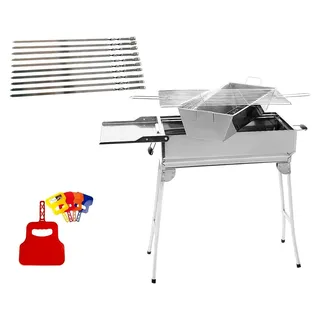 Edelstahl Mangal President mit Kohlebehälter und 10 Spießen - Multifunktionaler Holzkohlegrill Schaschlikgrill BBQ