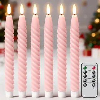 Eldnacele LED Stabkerzen mit Timerfunktion flackernde Flamme, Spiralkerzen gedrehte Stabkerzen dekorative Haushaltkerzen Tropffrei Rosa Ø 2 x 25 cm aus Stearin für Restaurants, Hochzeiten und Partys