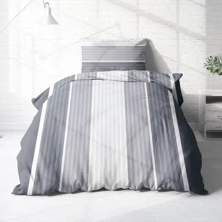 Träumschön Biber Bettwäsche Set 2tlg 135x200 cm + 80x80 cm – Flauschige gestreifte Bettwäsche Grau – Weiche Winterbettwäsche mit Streifen - Atmungsaktiv, Warm & Hautfreundlich - 100% Baumwolle