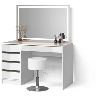Livinity® Schminktisch Imola Weiß/Gold mit LED-Spiegel und Hocker , Holzwerkstoff , 5 Fächer , 5 Schubladen , Rechteckig , 120x75x55 cm , Schlafzimmer, Schminktische