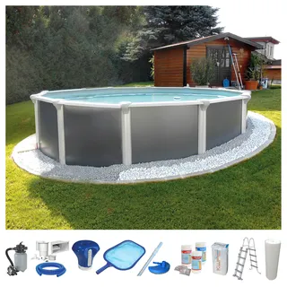 Rundpool KWAD "Steely Supreme Design inkl. Sicherheitsleiter und Zubehör", grau (anthrazit), H:132cm Ø:460cm, Schwimmbecken, Rundpool, 10-tlg., Höhe: 132 cm, inkl. Wasserpflegeset, graue Innenfolie