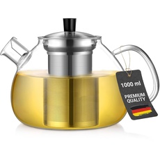 ecooe 1000ml Silberne Teekanne aus Glas Borosilikat Glas Teebereiter mit Abnehmbare 18/8 Edelstahl-Sieb Rostfrei Hitzebeständig für Schwarzen Tee Grüner
