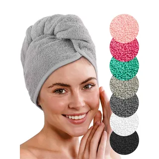 LAYNENBURG 2er-Set Premium Haarturban mit Knopf aus 100% Baumwolle - Haar-Handtuch inkl. 8 Haargummis - für Kurze und Lange Haare – Turban Handtuch ist schnelltrocknend und saugstark (grau)