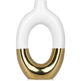 Hollyone Keramikvase, Weiß Gold Vase für Heimdeko, Hohle Design Donut Keramik Vasen, Dekorative Blumenvase, Moderne Vase für Trockenblumen, Schlafzimmer, Wohnzimmer, Tischdeko