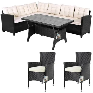 CASARIA Polyrattan Ecklounge Lissabon Schwarz/Creme inkl 2 Stühlen