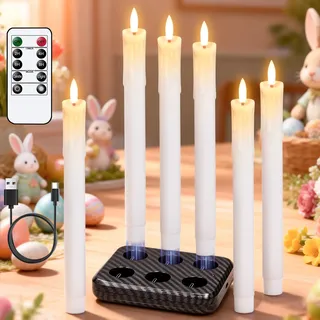 Eldnacele Wiederaufladbare flammenlose Stabkerzen mit Timer & Ladestation, 6 Stück LED Kerzen aus echtem Wachs mit Fernbedienung, batteriebetriebene Kerzen für Hochzeit & Weihnachtsdeko (Weiß)