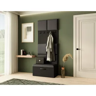 Garderobe MARGARET I, Farbe: Schwarz + Schwarz , mit gepolsterten Paneelen und Kleiderhaken - Schwarz