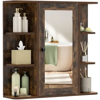 FANTASK Spiegelschrank Bad, Wandschrank mit Spiegel, Einzeltür, 3 Innenablagen & 6 offenen Fächern, Einbau- & Aufputz, Badezimmerschrank 66 × 16,5 × 63 cm (Rustikales Braun)