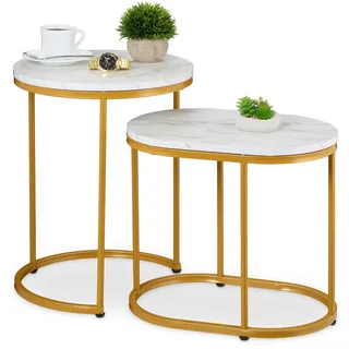 Relaxdays Satztisch, 2er Set, Beistelltisch rund , oval, Marmoroptik, Metallbeine, Wohnzimmer, Couchtisch, weiß/Gold