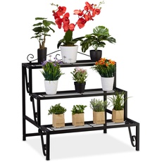 Bild Blumentreppe Metall, 3 Stufen, Outdoor und Indoor, Pflanzentreppe mit Verzierung, HBT 69 x 70 x 60 cm, schwarz