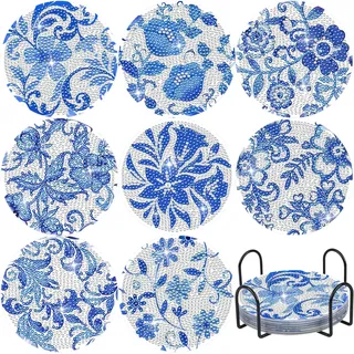 8 Stück Diamond Painting Untersetzer mit Halter - DIY Diamant Painting Set für Erwachsene & Kinder - Rund Mandala & Hund Motive Tassenuntersetzer mit Kork-Rückseite (Blaue Blumen)