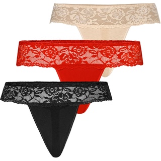 Teyli Damen String Tanga aus Mesh mit Spitze 3er Pack Schwarz Rot Beige S