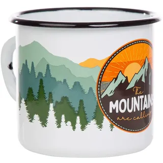 MUGSY Emaille Tasse, The Mountains are calling, 330 ml, Camping Tasse mit Spruch, Camping Becher, weiß