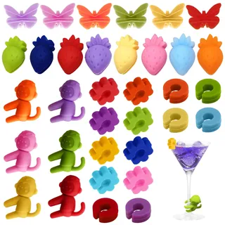 Alovez 34 Stück Glasmarkierer Silikon Glas Markierung Trinkgläser, Wein Marker Trinkgläser, Bunte Glas Markierung Weinglasmarkierer für Party Hochzeit Bar Tassen, Trinkglas