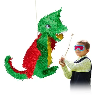 Relaxdays Pinata Drache , Grün , Papier , 55x51x12 cm , Dekoration
