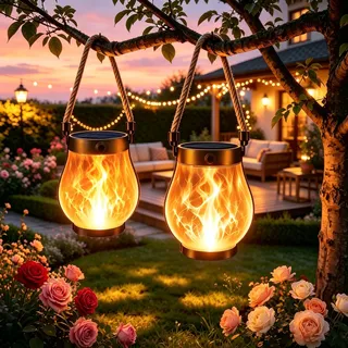 2 Stück Solar Hängelaternen Für Draußen, Wasserdichte LED Flackernde Tanzende Flammen Gartenleuchten, Hanfseil-Design Doppel USB & Solarbetriebene Dekoleuchten Für Hof Dekoration Geburtstagsgeschenk