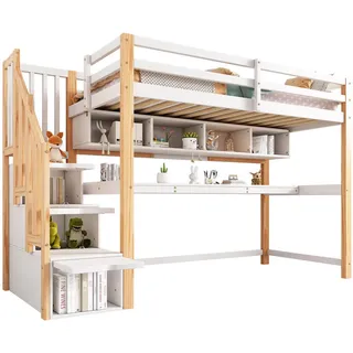 Okwish Hochbett 90/200 cm weiß/eiche aus Massivholz und MDF mit Schreibtisch und Treppe , Weiß , Holzwerkstoff , 90x200 cm , Babymöbel & Kindermöbel, Kinderzimmer & Jugendzimmer, Kinderbetten, Hochbetten