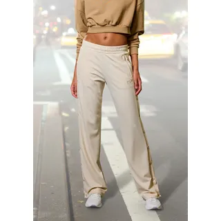 Loungepants FRENCH CONNECTION, Damen, Gr. 32/34, N-Gr, beige, Obermaterial: 70% Viskose, 25% Polyamid, 5% Elasthan, bestickt, unifarben, bequem lang, Hosen Loungepants, mit Druckknöpfen seitlich am Bein