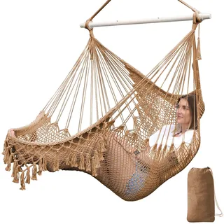 Chihee Hängesessel handgefertigter Hängesessel aus Baumwollseil gewebter Sitz weich gesponnen große Dehnbare Hängematte, zusammenklappbar stabile Metallspreizstange, Elegante Tassel drinnen draußen