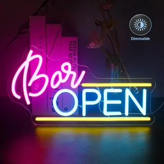 Neon Led Licht USB Dimmbar, Neon Schild, Nachtlicht Neonlicht Led Wanddeko für Bar Kneipe Hotel Restaurant Geschenk(Bar Open, 40x20cm) - Rosa, Blau, Gelb