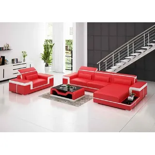 Wohnlandschaft Ecksofa L-Form Sessel Set Modern 2tlg - Rot, Weiß