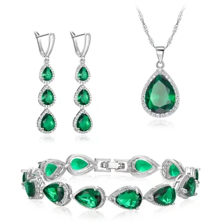 Clearine Schmuck Set für versilbert klar Teardrop kubischer Zirkonina Halskette Lange Ohrringe und Armband für Damen Braut Party Weihnachten Smaragd Grün Silber Ton